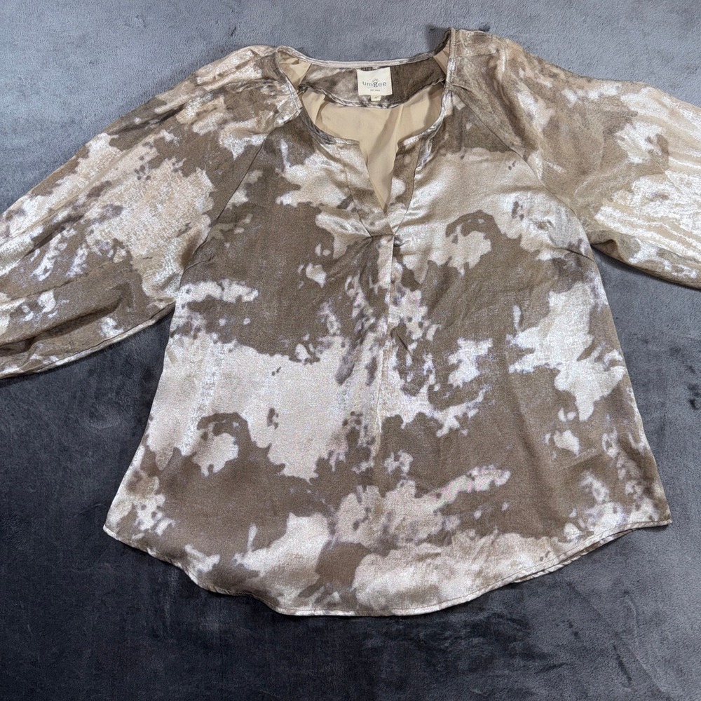 Umgee Metallic Abstract Print Balloon Sleeve V-Neck Blouse Taupe Silver XL